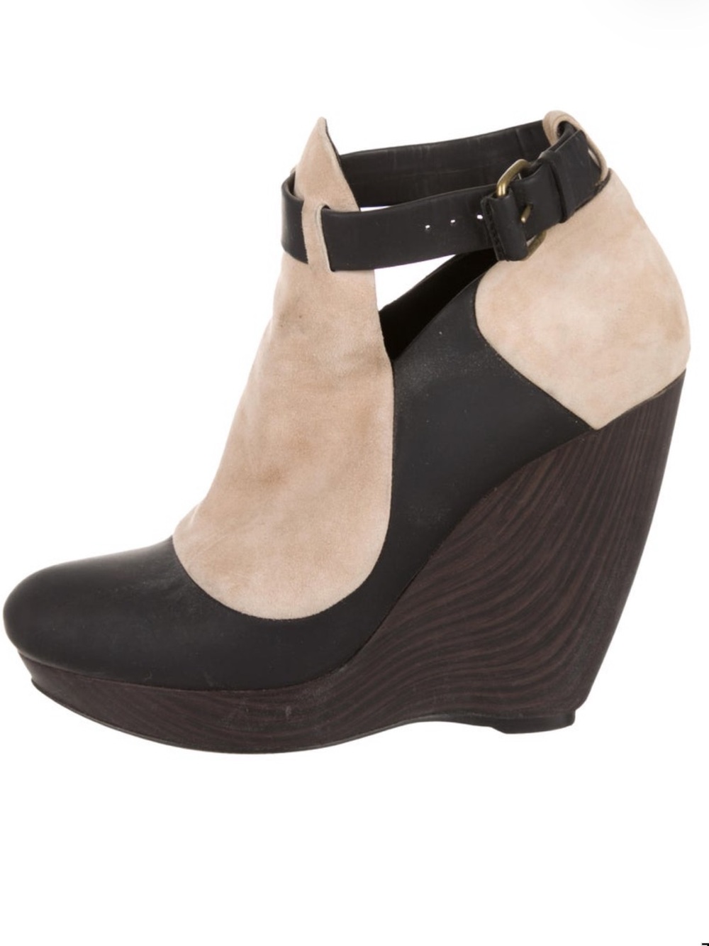 Balenciaga Women’s Brown and Beige Suede Wedge Booties with Ankle Strap